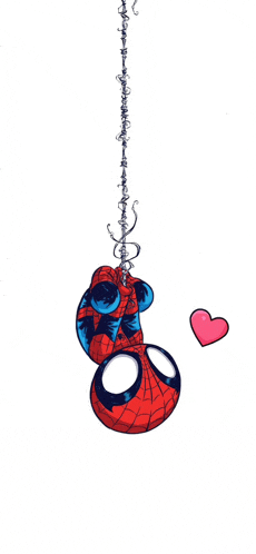 a cartoon drawing of a spider man hanging from a web with a pink heart above him