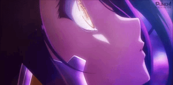 a close up of a person 's face with a purple background and a purple eye .
