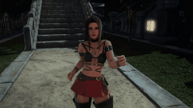 a woman in a black top and red skirt stands on a sidewalk in front of stairs