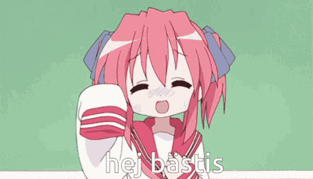 a girl with pink hair says hej bastis on the bottom
