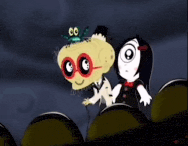 a cartoon character with a bug on his head