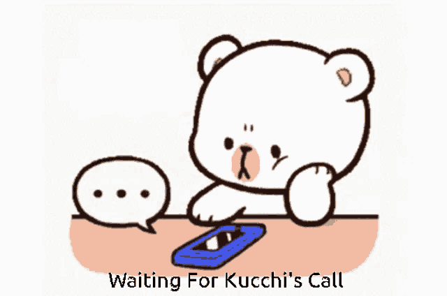 a cartoon of a teddy bear sitting at a table waiting for kucchi 's call ..