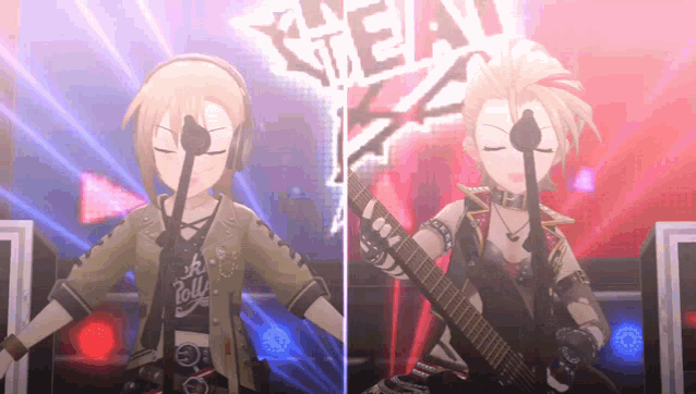 two anime characters playing guitars in front of a sign that says beat