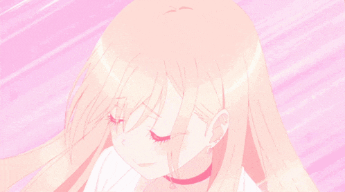 a close up of a girl with long blonde hair and pink eyes