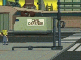 a cartoon scene with a box that says civil defense on it