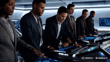 a group of men and women are looking at a computer screen with the words minimux hailuo ai on the bottom