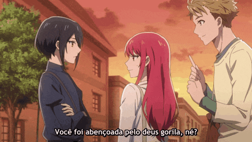 a couple of anime characters are standing next to each other and one of them says você foi abencoada pelo deus gorila