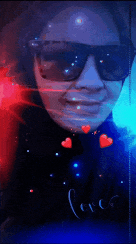 a woman wearing sunglasses is surrounded by hearts and the word love is on the bottom