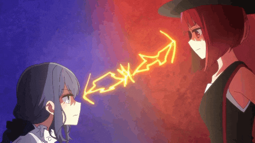 two anime girls are standing next to each other and one of them has a lightning bolt coming from her head