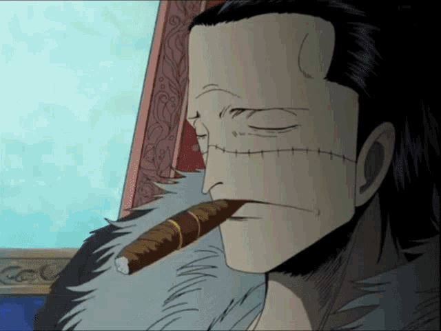 a man is smoking a cigar with a stitched face