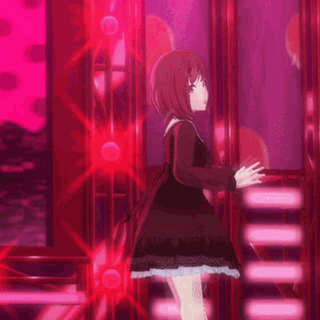 a girl in a black dress is standing in front of a purple background