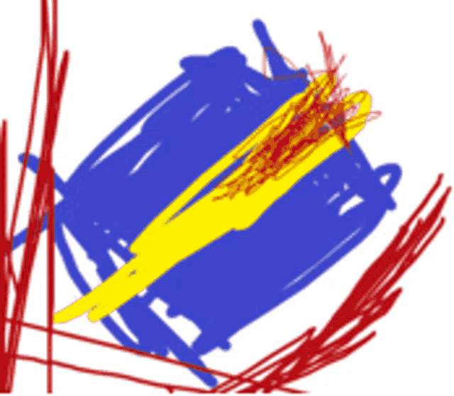 a child 's drawing of a blue and yellow object with red lines around it