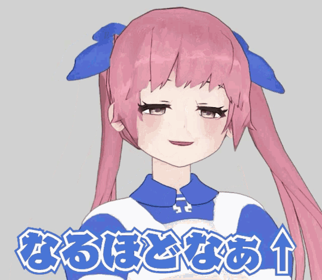 a cartoon girl with pink hair and a blue bow in her hair has chinese writing on her face