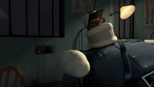 a cartoon character is wearing a bandaged head and a bandage around his neck