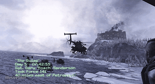 a computer screen shows a helicopter flying over a body of water and says " the gulag "