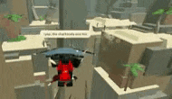 a ninjago character is flying through the air in a video game while holding an umbrella .