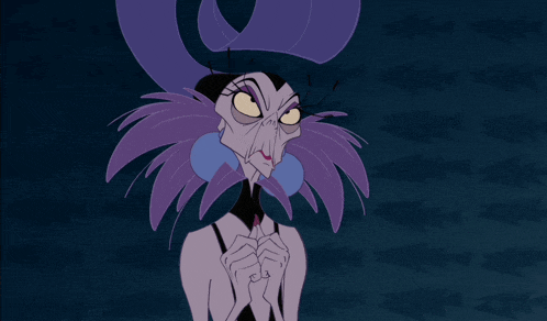 a cartoon character with purple feathers on her head making a funny face
