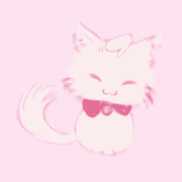 a drawing of a white cat with a pink bow
