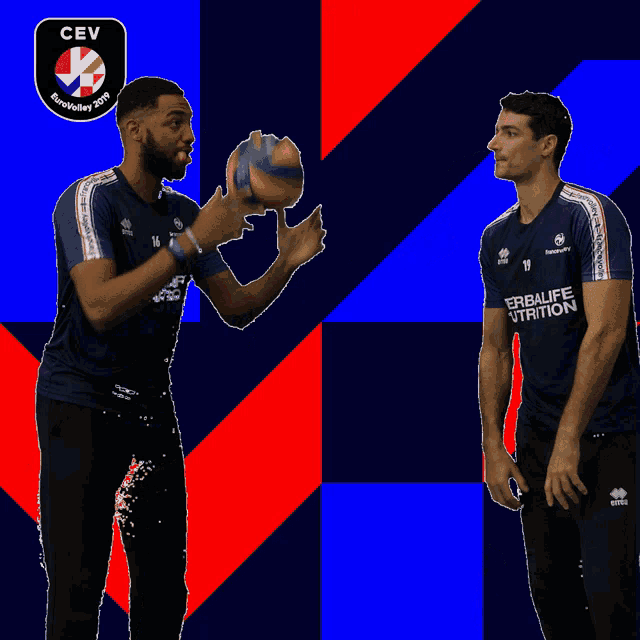two men playing volleyball with a logo for cev