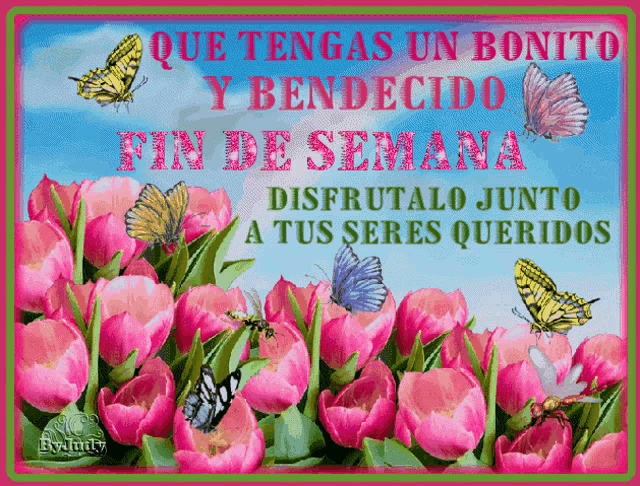 a greeting card with pink flowers and butterflies with the words que tengas un bonito y bendecido fin de semana
