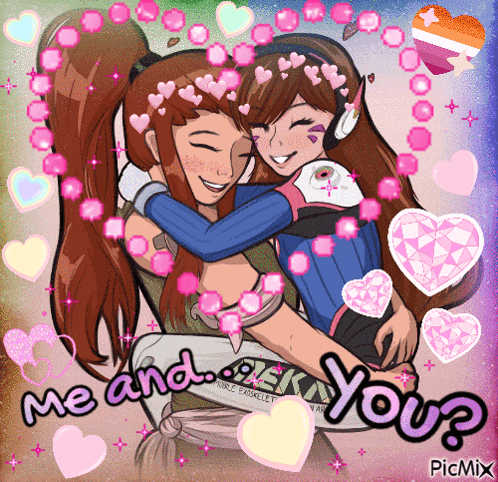 a picture of a girl hugging another girl with the words me and your written on the bottom
