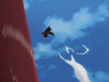 a cartoon character is flying through a blue sky with the number 3 visible