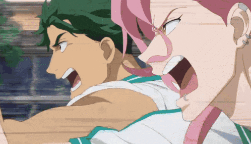 a man with green hair and a woman with pink hair screaming at each other