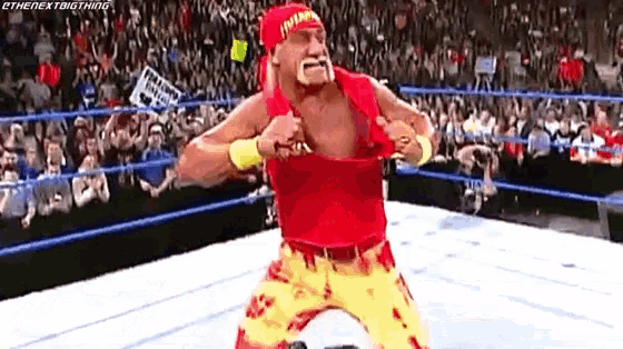 a wrestler in a red shirt and yellow pants is standing on a wrestling ring .