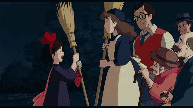 a cartoon of a girl holding a broom surrounded by people