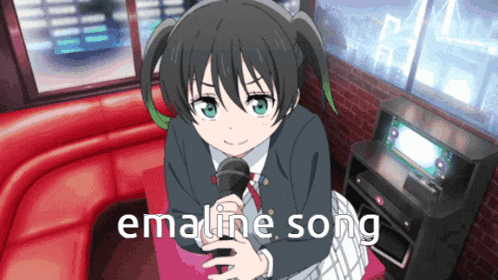a girl is singing into a microphone with the words emailine song written below her
