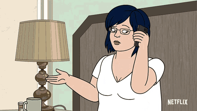 a cartoon of a woman talking on a cell phone with netflix written in the corner