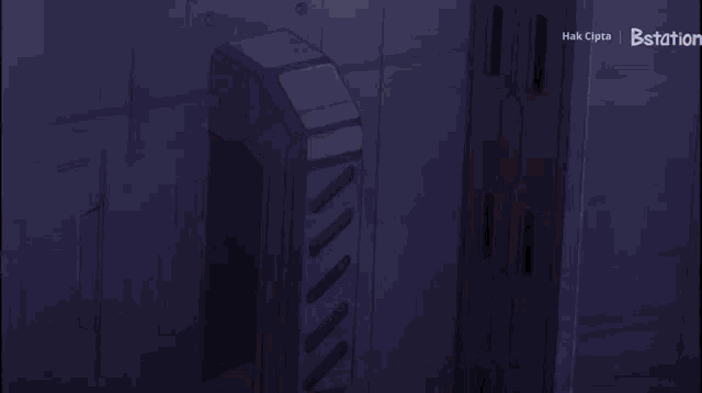 a man in a white cape is standing in front of a door that says hak cipta bstation