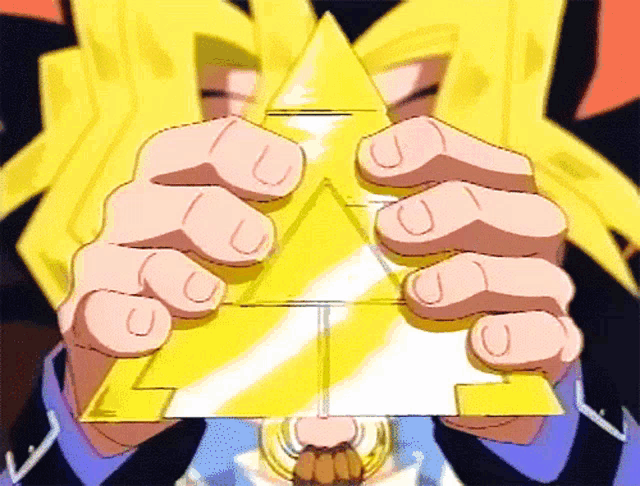 a cartoon character is holding a yellow and white pyramid in his hands