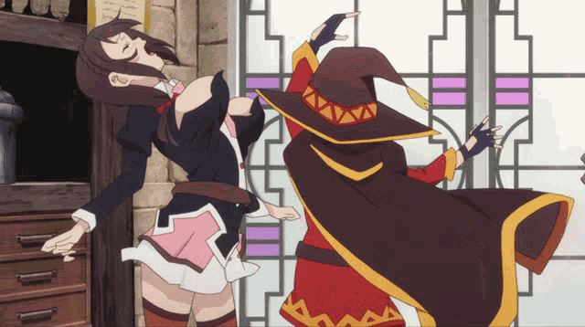 a cartoon of a witch and a girl dancing