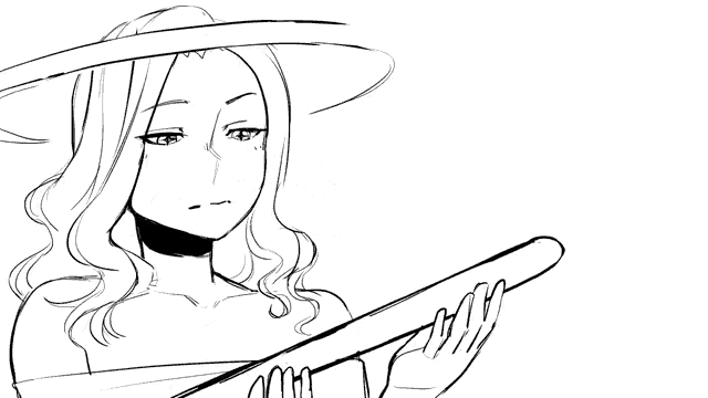 a black and white drawing of a woman with long hair standing next to a drawing of a woman with a sword .