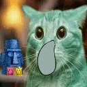 a cat with a surprised look on its face is standing next to a blue statue .