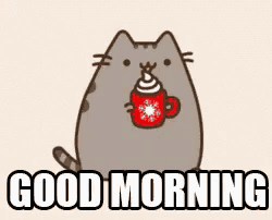 a cartoon cat is holding a cup of hot chocolate and the words `` good morning '' .