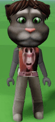 a talking cat with a picture of a donkey on his shirt