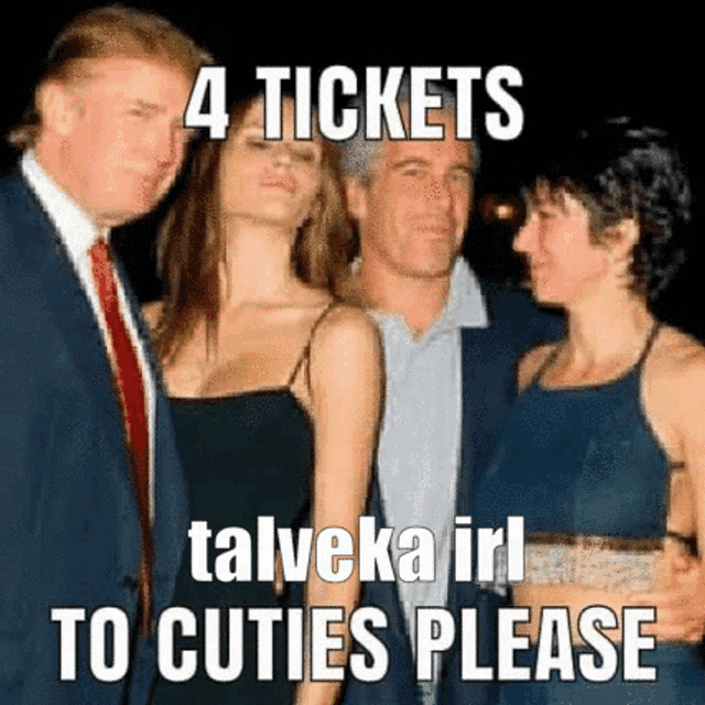 a group of people standing next to each other with a caption that says 4 tickets to cuties please .