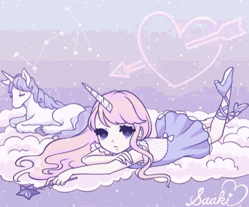 a girl with a unicorn horn is laying on a cloud