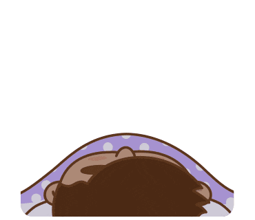 a cartoon drawing of a man laying in bed with a purple blanket