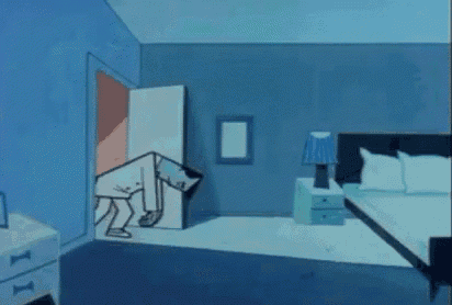 a cartoon of a man peeking out of a door in a bedroom .