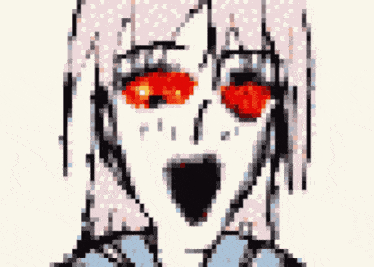 a pixel art drawing of a woman with red eyes