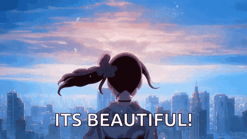 a girl in a kimono stands in front of a city skyline with the words " it 's beautiful " below her