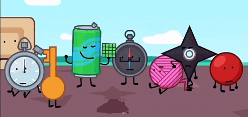 a group of cartoon characters are standing next to each other including a clock a can of soda a compass and a ball