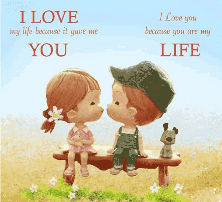 a boy and a girl are kissing on a bench with the words " i love you because you are my life "