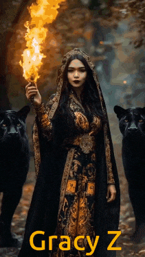 a woman in a black dress is holding a torch in front of two black panthers ..