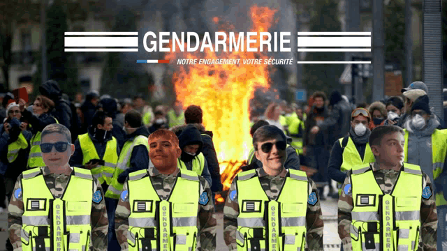 a group of gendarmerie soldiers are standing in front of a crowd