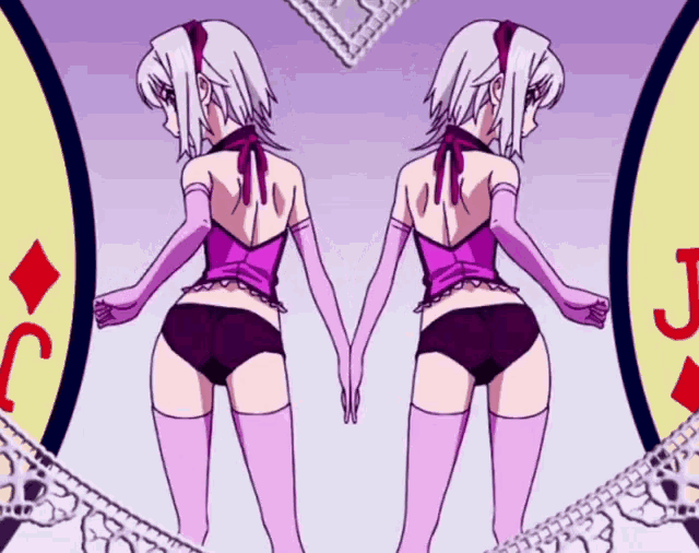 two anime girls are standing next to each other in front of a jack of diamonds card