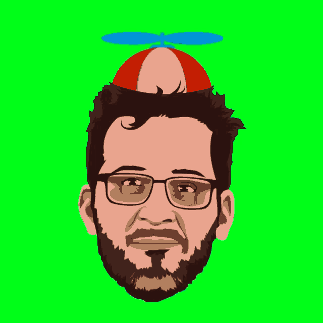 a man with glasses and a red hat with a propeller on it